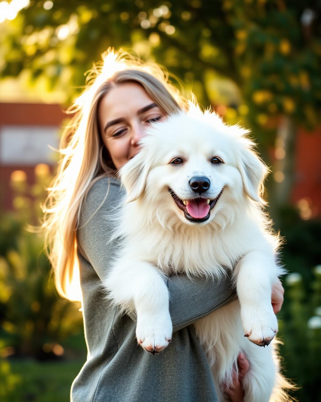 Mulher abraçada a um cão branco